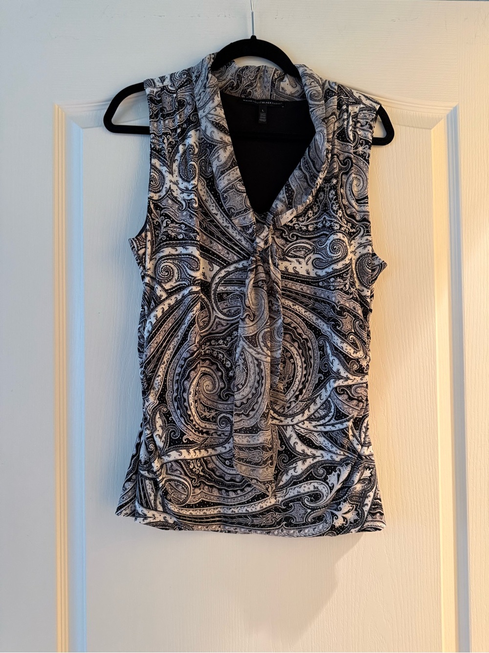 White House Black Market Black and White Paisley Tie-Neck Sleeveless Top